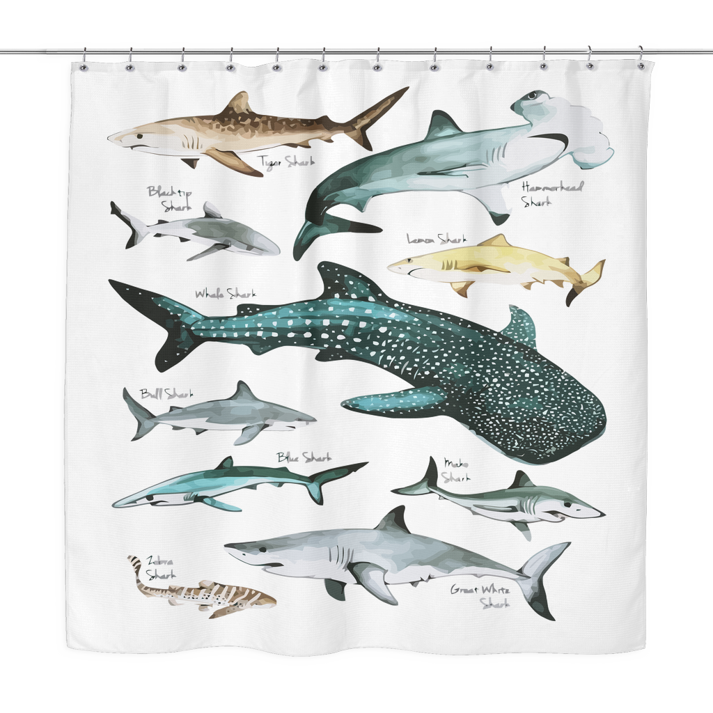 Shark Shower Curtain Sea Animals Decor Sharks Species Swimming in Different Directions Pattern Print, Bathroom Accessories, 70 Inches Long,