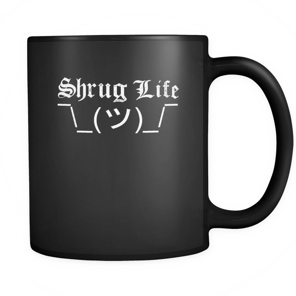 Shrug Life Thug Mug with Shruggie the ASCII Shrugging EMOJI Guy Black Ceramic Graphic Mug 11 oz