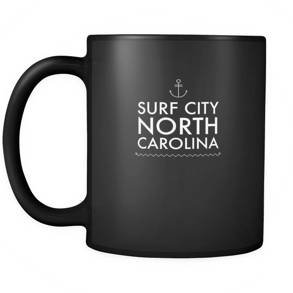 Surf City North Carolina Black Ceramic Graphic Mug 11 oz