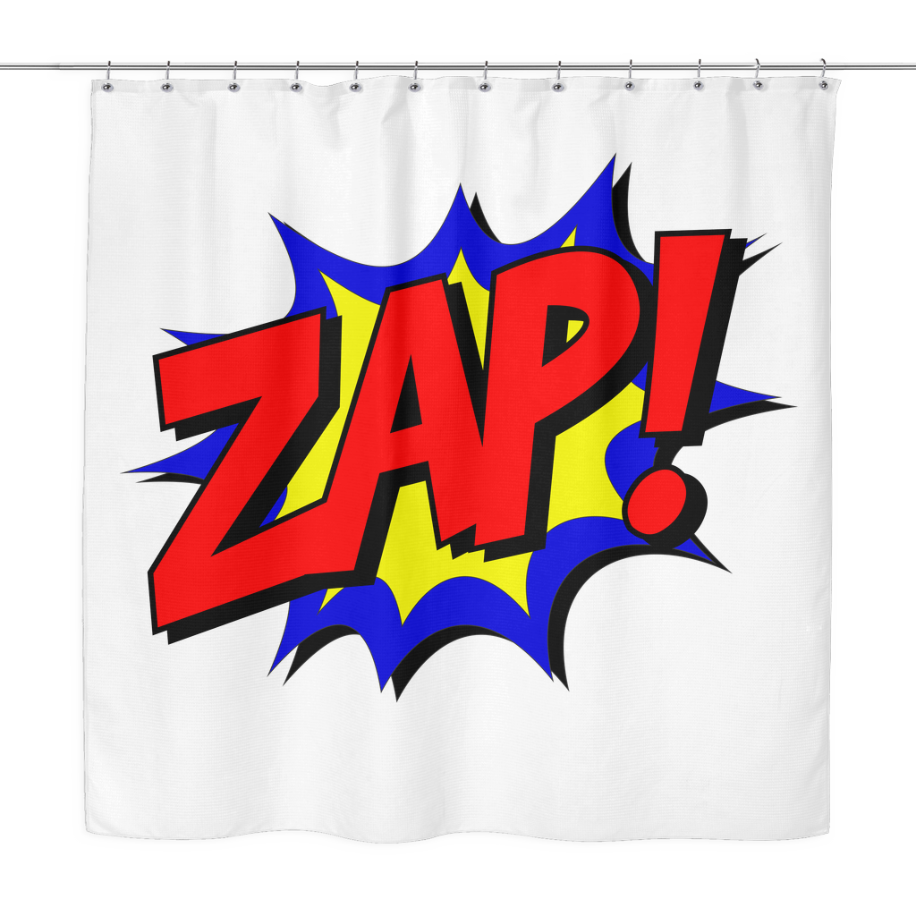 Red, Blue and Yellow ZAP! COMIC BOOK Themed Shower Curtain for your Kids Super Hero Bathroom