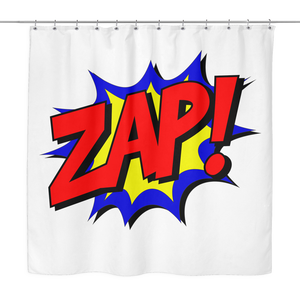 Red, Blue and Yellow ZAP! COMIC BOOK Themed Shower Curtain for your Kids Super Hero Bathroom